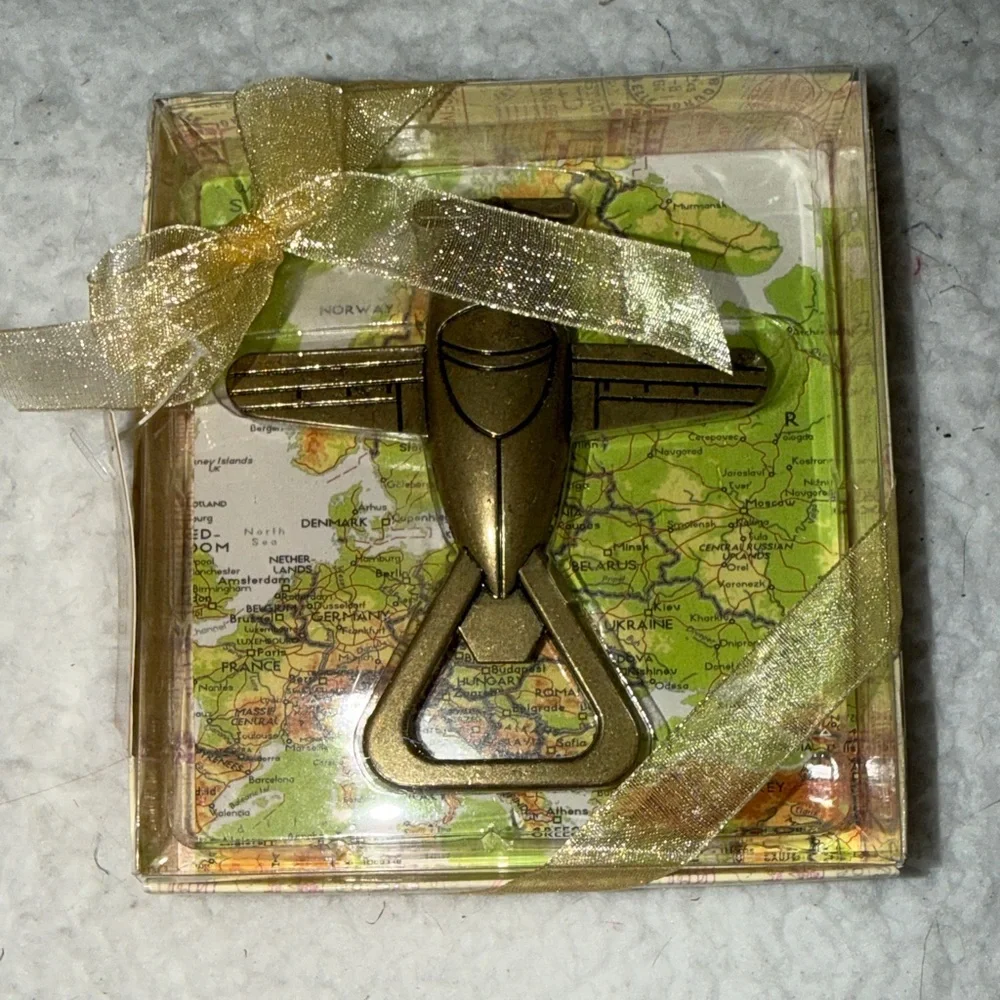 Gold Tone‎ Bottle Opener Gift Set Vintage Looking Airplane NEW in Box